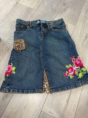 Y2K The Children's Place Blue Denim Mini Skirt with Pink Floral Embroidery